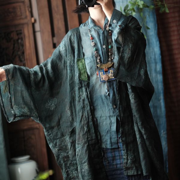 燕燕~純苧麻   手工補丁繫帶開襟袍外披外套。 ab218501 