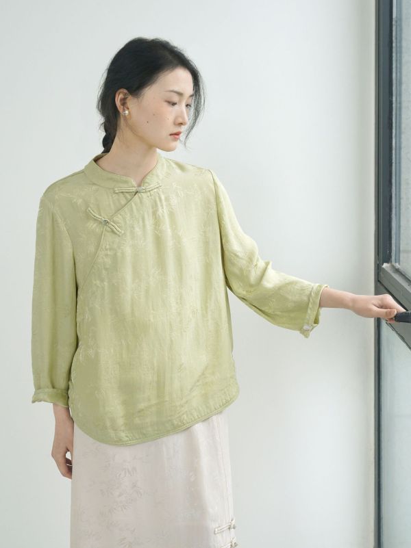 燕燕~人絲提花   珠扣襯衫 禪意中國浪漫斜衫茶服上衣。ab2409901 