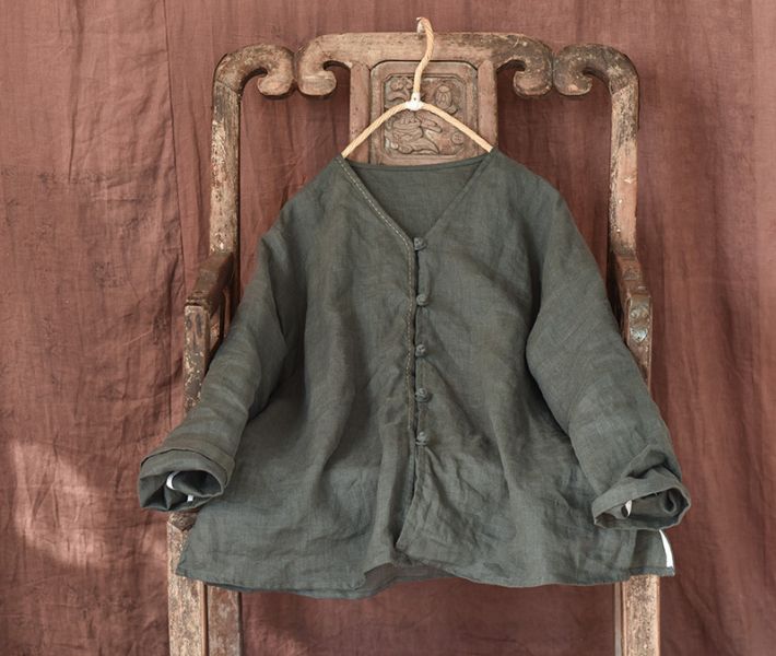 燕燕~棉麻商品~ 春秋款. 砂洗亞麻. 寬鬆文藝襯衫 手縫線開衫上衣  盤扣短外套 