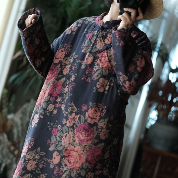 燕燕～文藝復古中式印花立領斜襟棉衣棉袍洋裝 連身裙  ab145901 