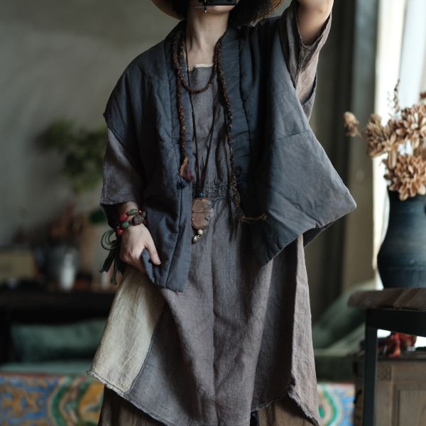 燕燕~棉麻商品~純亞麻  衍線寬鬆百搭落肩夾棉坎肩背心棉麻杉  an192901 