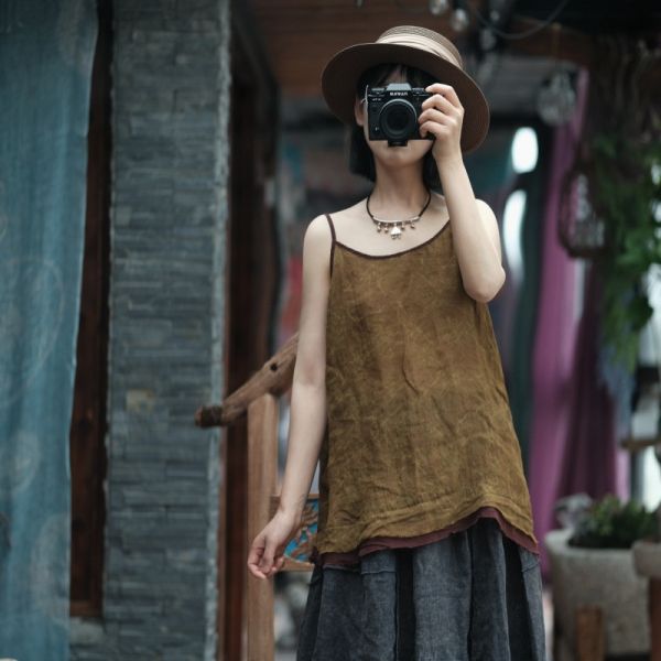 燕燕~春季新款 苧麻. 寬鬆吊帶毛邊背心。ab205001 