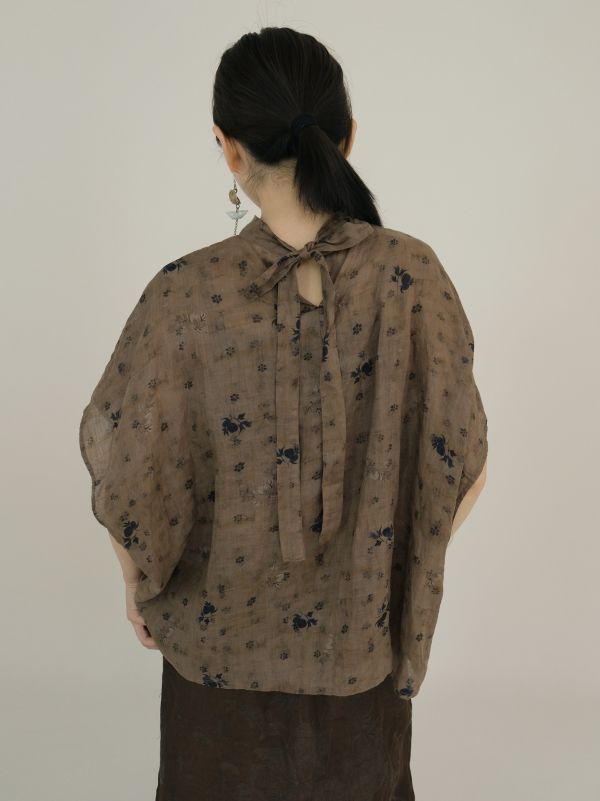 燕燕～早秋款 苧麻 復古半高領印花蝙蝠袖上衣 襯衫  ab2320501 