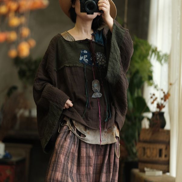 燕燕~復古棉麻貼布斜襟扣盤寬鬆百搭打底T恤 上衣 ab237301 