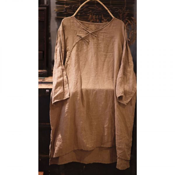 燕燕~亞麻 文藝復古手縫盤扣V領套頭七分袖 中長款麻衫 