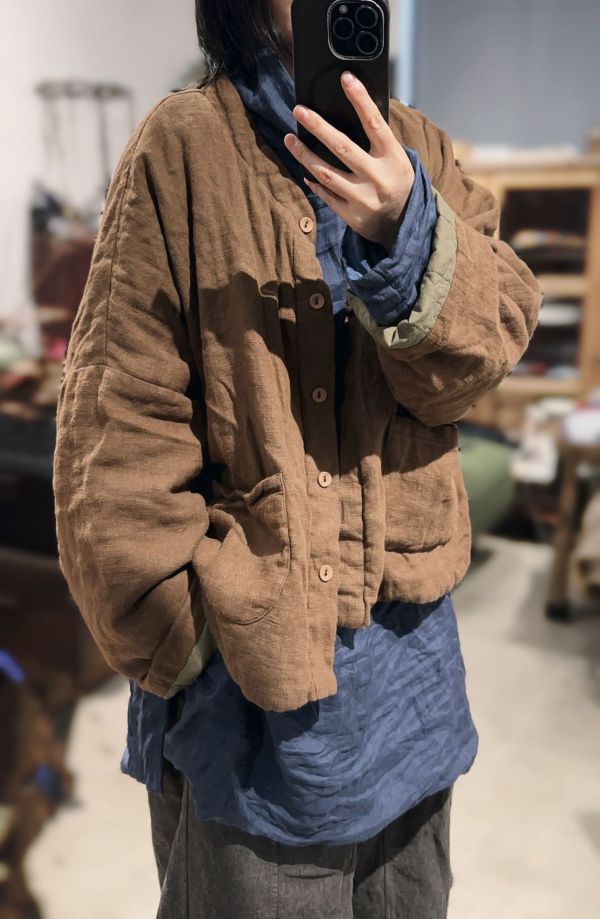 燕燕~秋冬新款 休閒文藝復古純色亞麻棉衣外套 