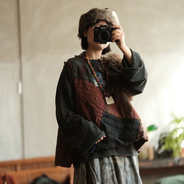 燕燕~純手工老布拼貼小眾氛圍感老布拼皮草夾棉背心 ab226401 (此件不退換） 