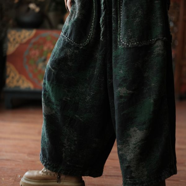 燕燕~秋冬新款 復古保暖休閒褲 設計感中式文藝加厚麻棉提花闊腿褲 ab080301 