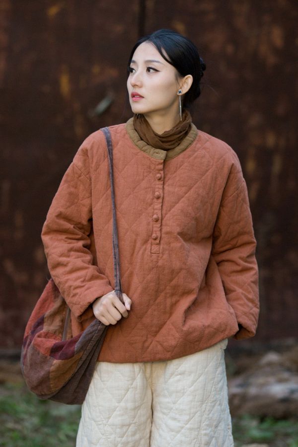 燕燕 冬季新款 苧麻夾棉菱格絎縫套頭棉襖 個性加厚保暖女裝棉衣上衣 