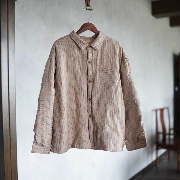 燕燕~入冬百搭款 高品質色織條紋亞麻文藝襯衫 棉衣棉服棉襖外套 