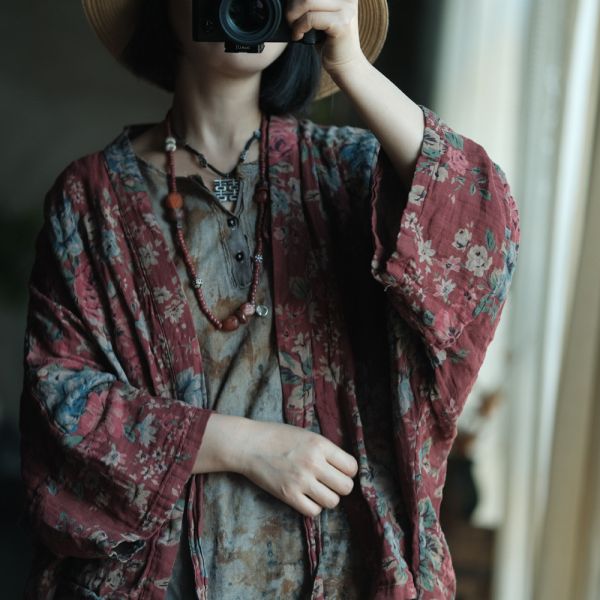 燕燕~棉麻商品~復古文藝棉料印花繫帶外披開襟衫 外套 ab237901 