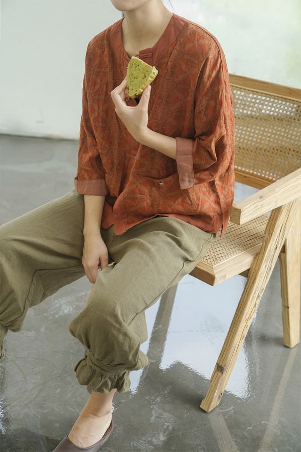 燕燕～早秋款。亞麻 復古數碼印花開衫 休閒對襟小外套 ab2224901 