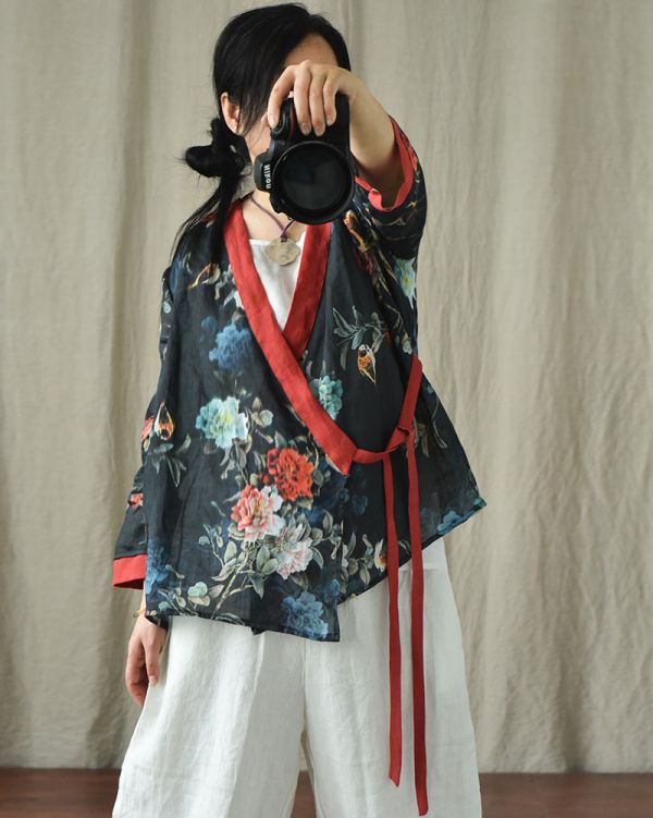 燕燕~復古數碼印花斜襟襯衫 禪意秀氣撞色繫帶上衣茶服棉麻衫  