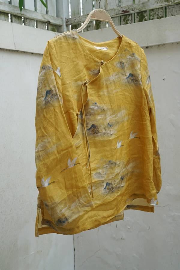 燕燕~棉麻商品~苧麻材質飄帶印花斜襟襯衫雙層上衣 長袖棉麻衫 1-2284 