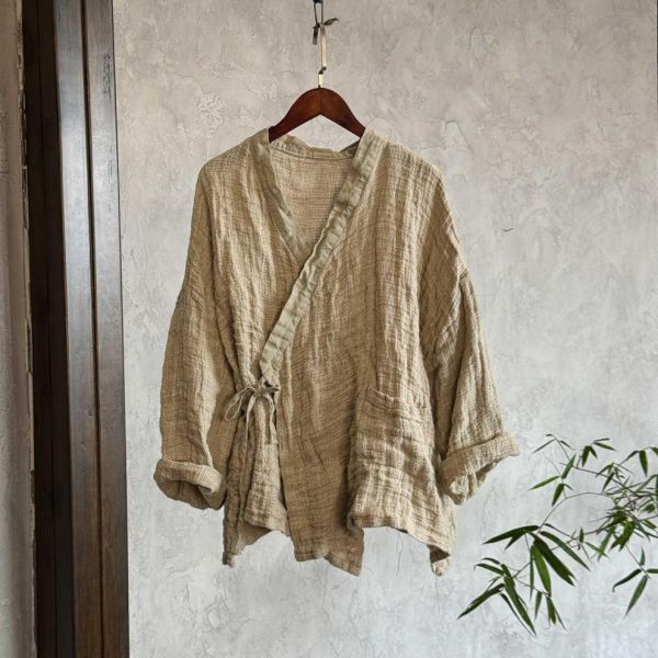 燕燕~高品質粗砂亞麻上衣 休閒復古百搭交領長袖外套 