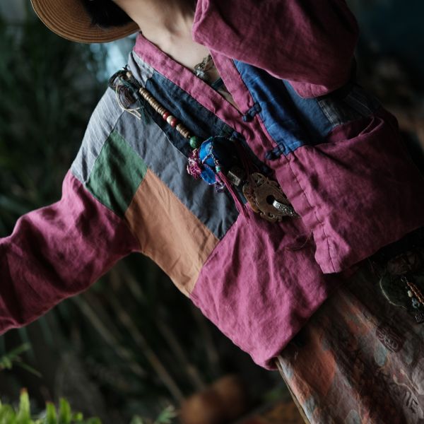 燕燕~秋冬新款 亞麻 做舊雪花洗拼布寬鬆短棉衣上衣。外套。ab178801 