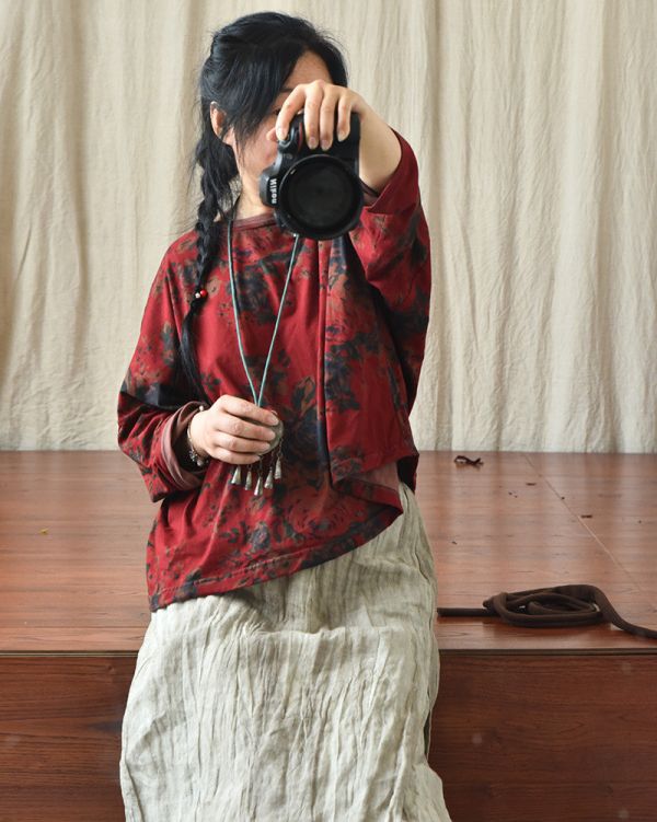 燕燕~數位印花圓領棉麻針織T恤 文藝圓領寬鬆短上衣 