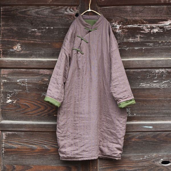 燕燕~秋款 條紋色織亞麻棉袍 復古斜襟盤扣寬鬆長棉衣手縫線棉服連身裙 洋裝 (此件商品不退換） 