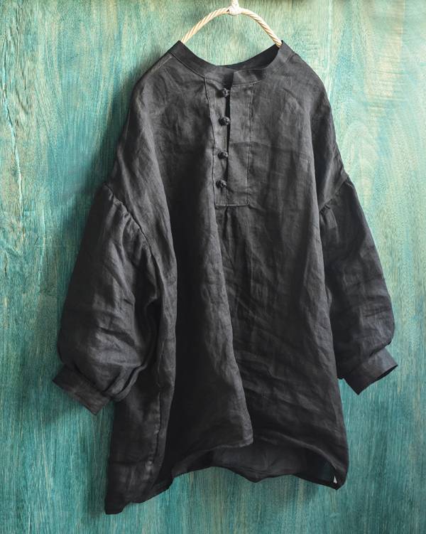 燕燕~棉麻商品~精細苧麻材質 盤扣七分袖襯衫寬鬆文藝泡泡袖上衣小衫 