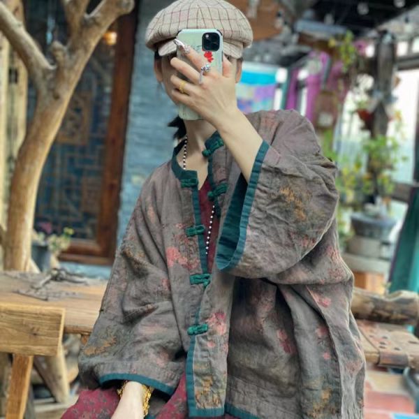 燕燕~棉麻商品~純亞麻。 復古文藝印花襯衫開衫外披外套 ab193901 