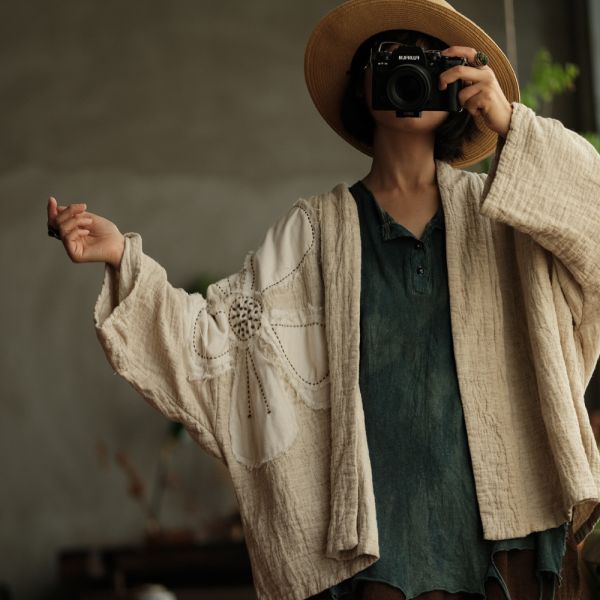 燕燕~復古雙層洗皺棉麻文藝手工繡花貼花開襟外套 ab221601 