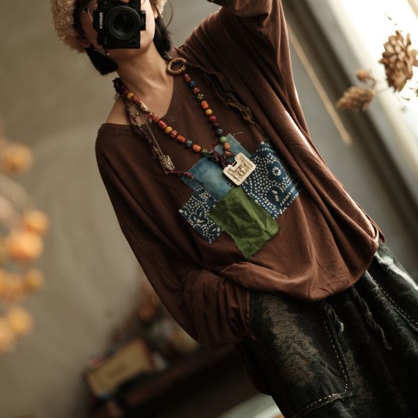 燕燕~秋冬新款 設計女裝文藝復古純棉寬鬆打底貼布T恤 HX011801 