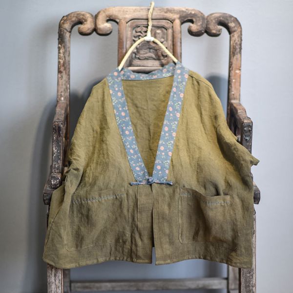 特價款 燕燕~棉麻商品~日系森林系~春秋款 亞麻材質 撞色寬鬆手工盤扣上衣 短袖棉麻衫 可當外套 