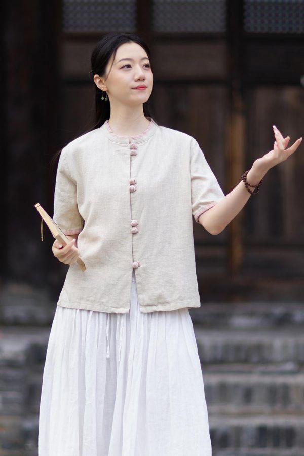 燕燕~夏季新款 莧麻改良小衫 盤扣文藝小清新短袖襯衫 撞色開襟衫 