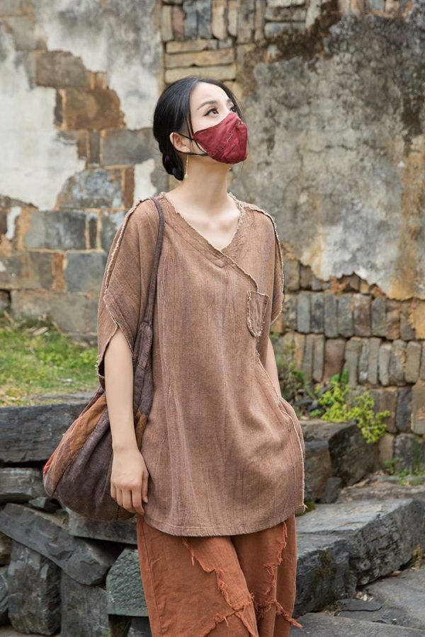 燕燕~夏季新款 亞麻染砂洗做舊磨毛 原創不規則上衣 T恤 