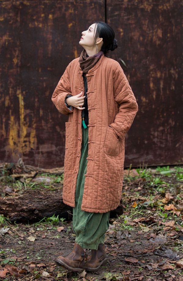 燕燕~冬季新款  苧麻夾棉絎縫豎格棉襖棉服流浪禪意 長袍子 棉衣外套 