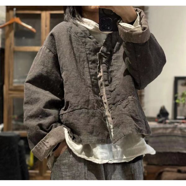 燕燕~棉麻商品~亞麻 文藝休閒短版色織V領外套夾棉上衣 外套 