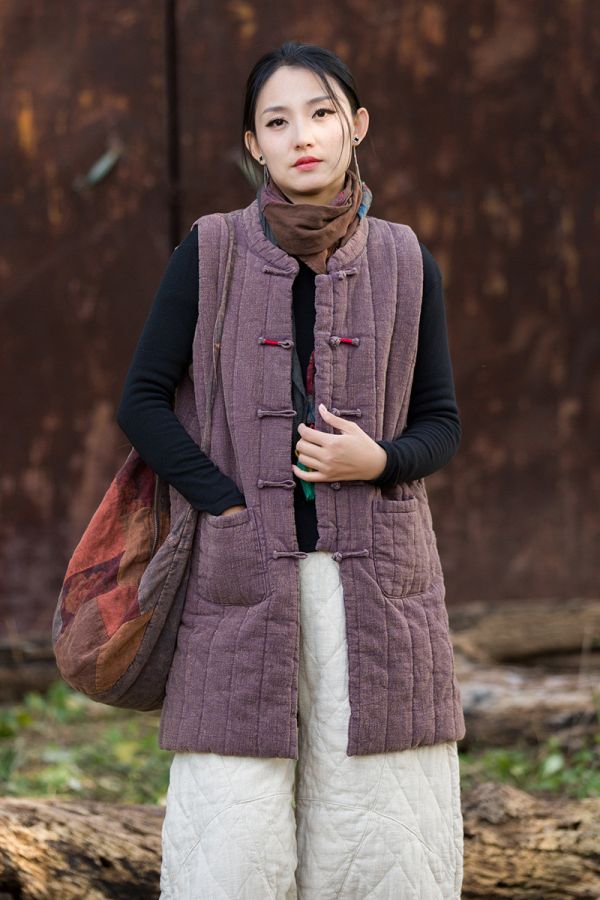 燕燕~冬季新款 苧麻豎格絎縫炒色夾棉保暖背心 