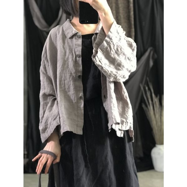 燕燕～春秋款。亞麻 簡約娃娃領手縫線跡開衫短款外套小衫 上衣  長袖棉麻衫 