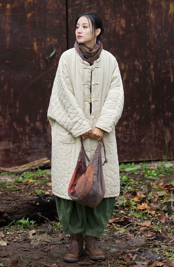 燕燕~冬季新款  苧麻夾棉絎縫豎格棉襖棉服流浪禪意 長袍子 棉衣外套 