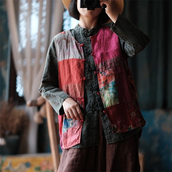 燕燕~棉麻新品~秋季新款 棉麻 手工拼布寬鬆盤扣坎肩背心  ab154901 