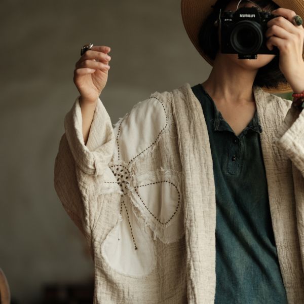 燕燕~復古雙層洗皺棉麻文藝手工繡花貼花開襟外套 ab221601 