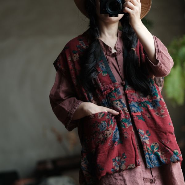 燕燕~棉麻商品~棉麻。  撞色領寬鬆落肩夾棉坎肩背心  ab192601 