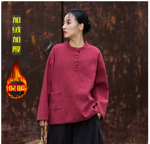 燕燕~莧麻棉~(秋冬加絨款）  撞色盤扣上衣 長袖棉麻衫 