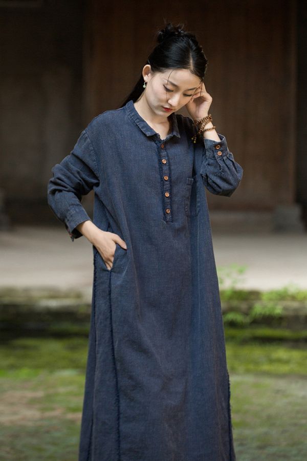 燕燕~秋季新款 莧麻磨毛砂洗炒色女禪意長袍洋裝 連身裙 