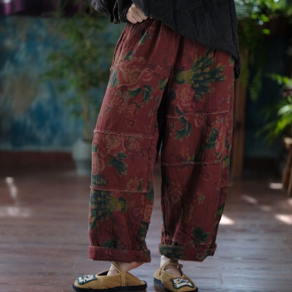 燕燕~復古文藝毛邊休閒褲寬鬆鬆緊腰闊腿褲 直筒褲 ab215101 (花色款） 