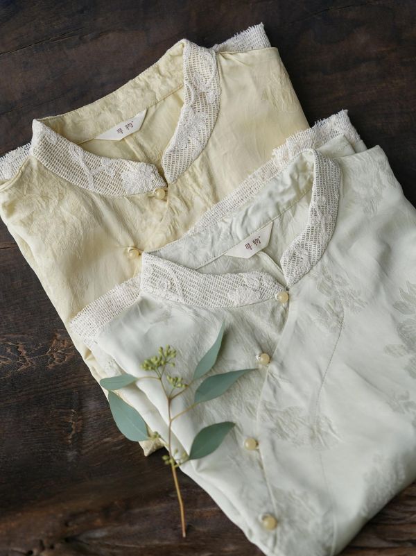 燕燕棉麻～全新夏款 人絲提花襯衫 光澤感珠扣茶服上衣 ab2505401 