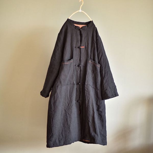 燕燕~亞麻~秋季新款 復古文藝長版加棉保暖中式棉襖棉衣 外套 