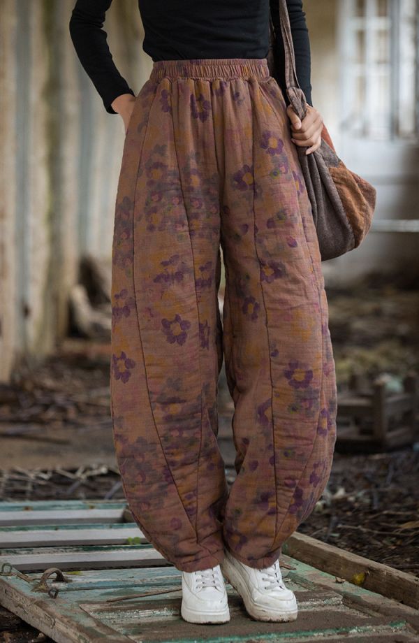 燕燕～秋冬新款 手染夾棉絎縫褲子12片拼接文藝燈籠褲女式棉褲 