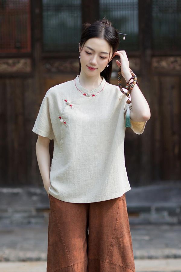 燕燕~夏季新款 復古佛系禪意立領縫線盤扣素衣斜襟上衣襯衫 