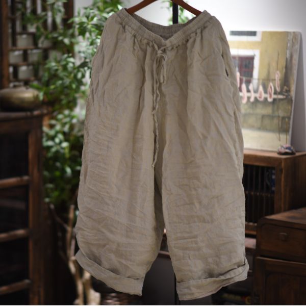 燕燕   色織亞麻雙層腰繩哈倫休閒褲 ab26901 