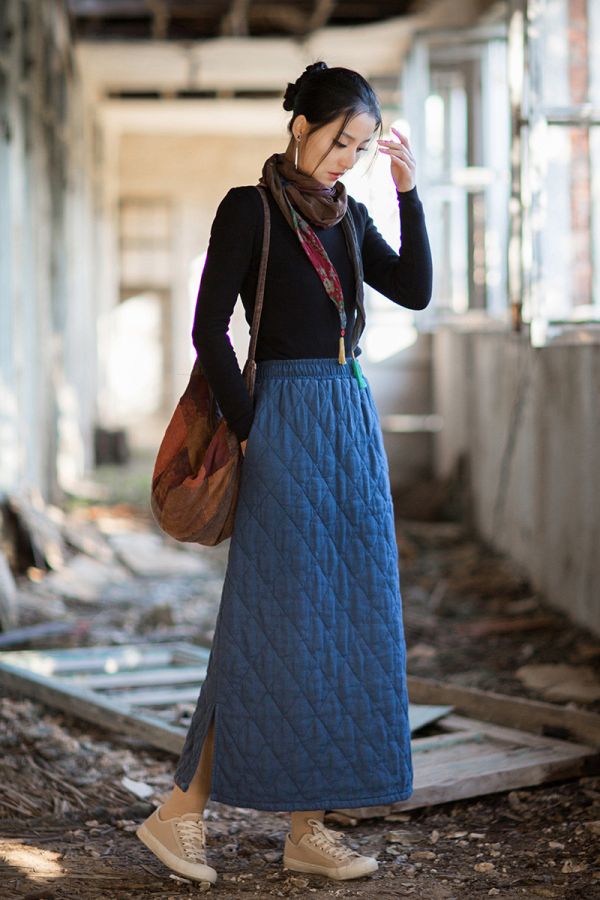 燕燕~冬季新款 苧麻夾棉加厚絎縫菱格長裙 