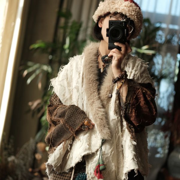 燕燕~復古毛邊做舊棉麻氛圍感小眾皮草毛領背心 ab226201 