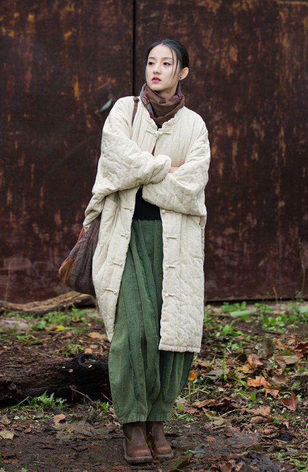 燕燕~冬季新款  苧麻夾棉絎縫豎格棉襖棉服流浪禪意 長袍子 棉衣外套 