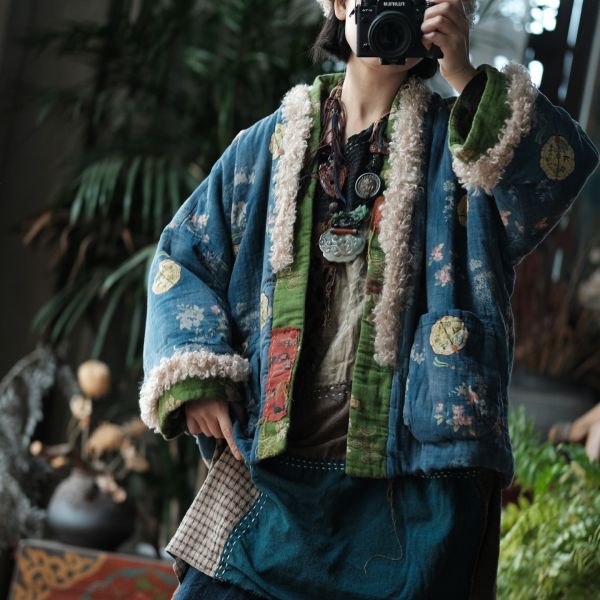 燕燕～復古文藝羊羔絨拼接印花寬鬆棉衣外套 ab226601 