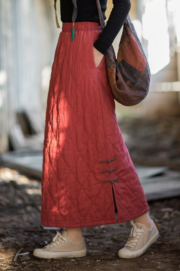 燕燕~秋冬新品    苧麻夾棉 原創設計個性保暖菱格絎縫長裙 